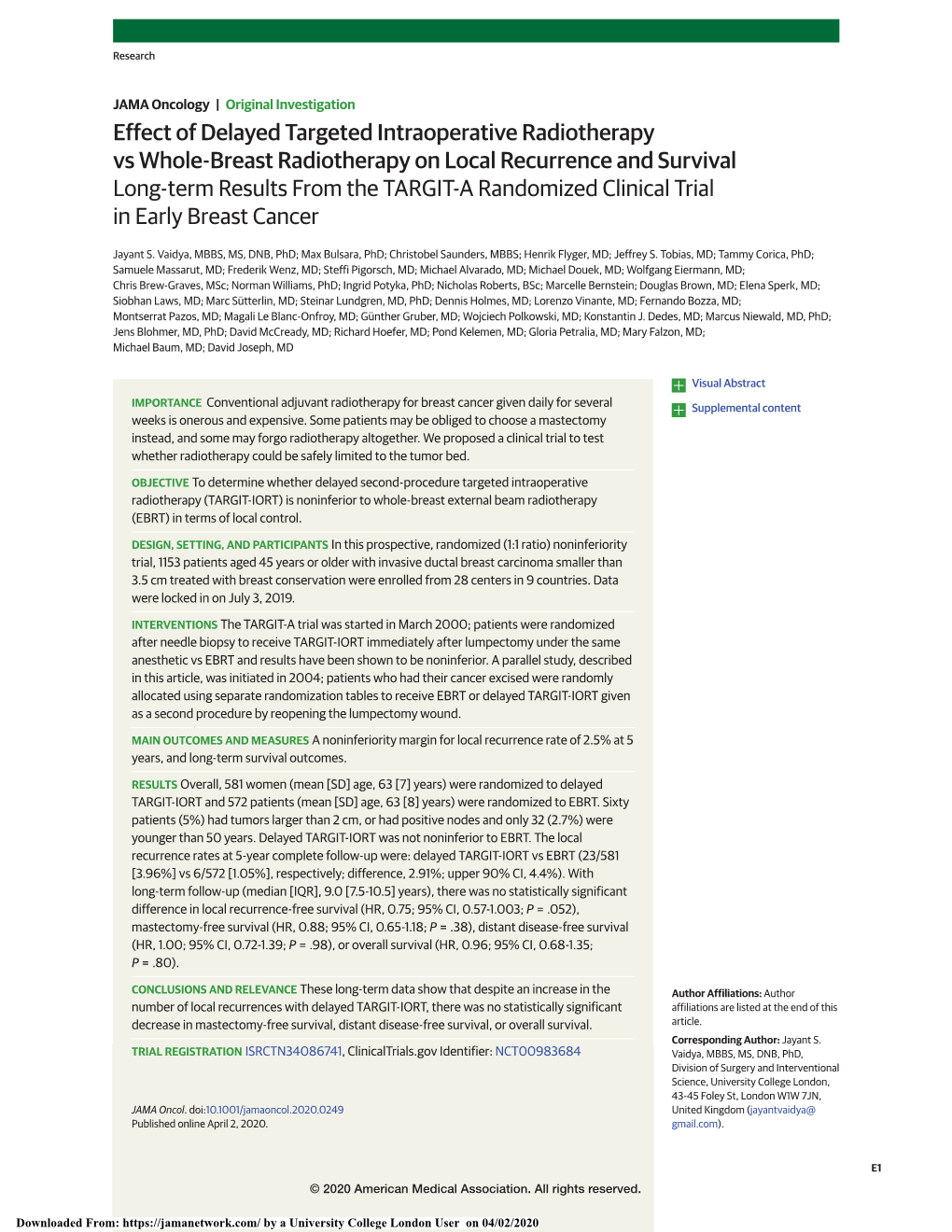 Long-Term Results from the TARGIT-A Randomized Clinical Trial in Early Breast Cancer