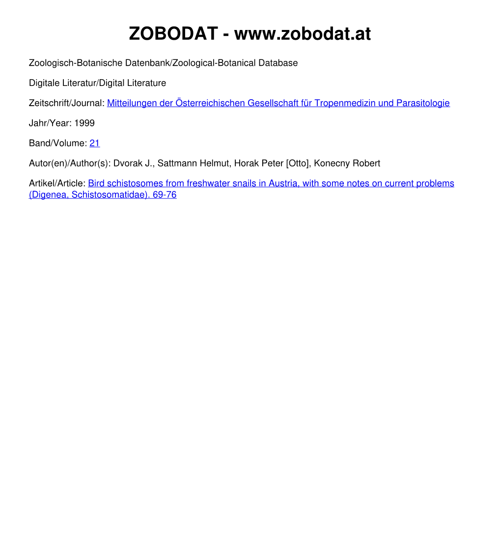 Bird Schistosomes from Freshwater Snails in Austria, with Some Notes on Current Problems (Digenea, Schistosomatidae)