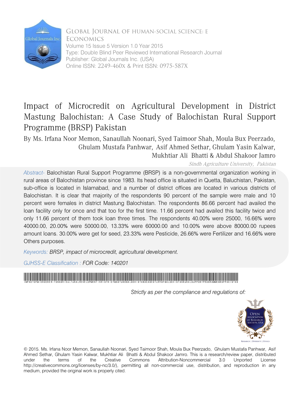 Impact of Microcredit on Agricultural Development in District Mastung Balochistan: a Case Study of Balochistan Rural Support Programme (BRSP) Pakistan by Ms