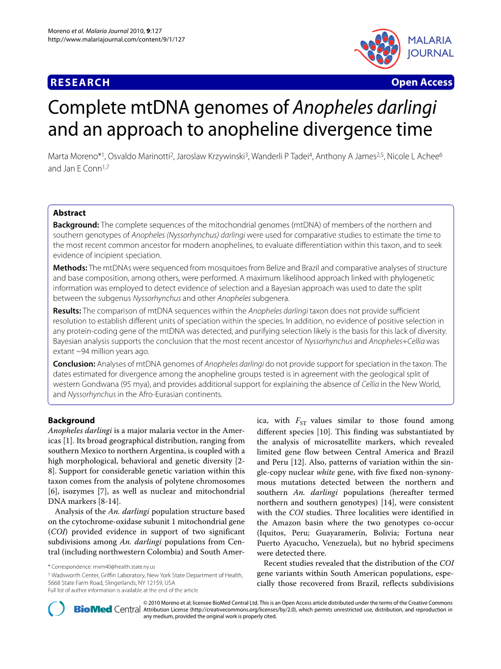 Complete Mtdna Genomes of Anopheles Darlingi and an Approach to Anopheline Divergence Time Malaria Journal 2010, 9:127