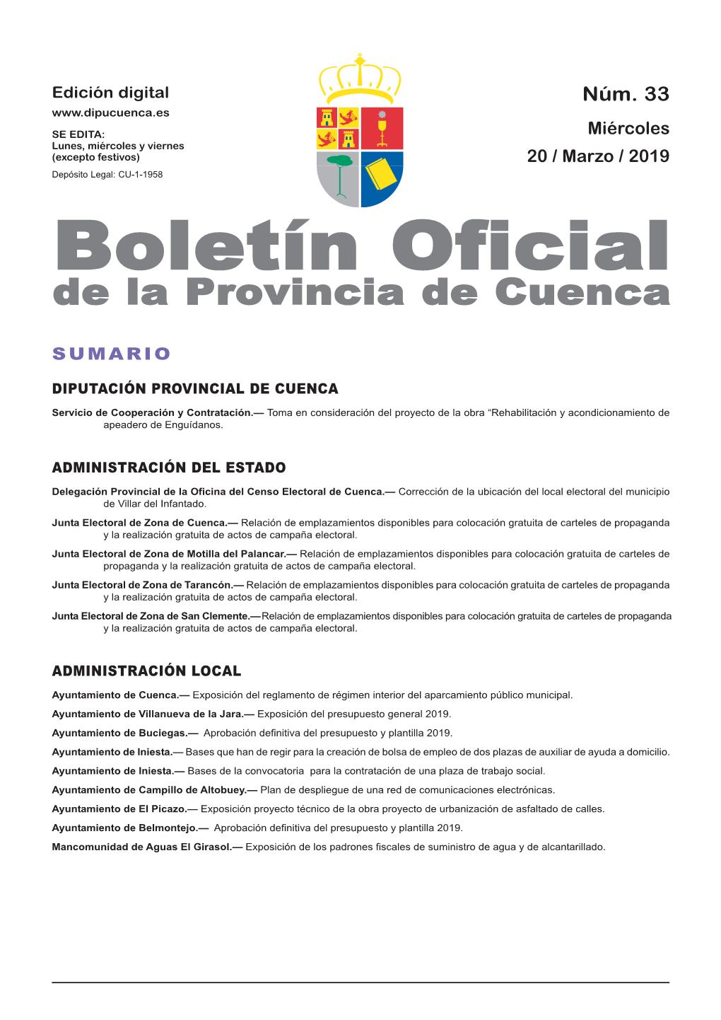 Boletín Oficial De La Provincia De Cuenca Sumario Diputación Provincial De Cuenca