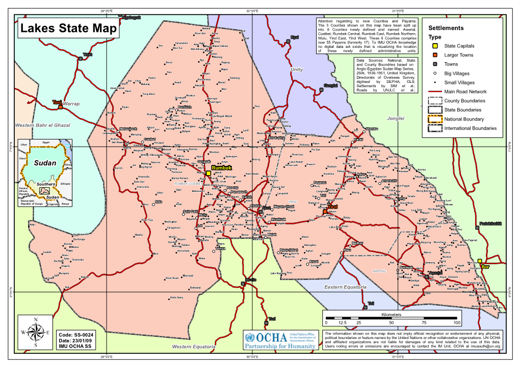 Lakes State Map " Mantio Palal Nyal Wulu, Yirol East, Yirol West