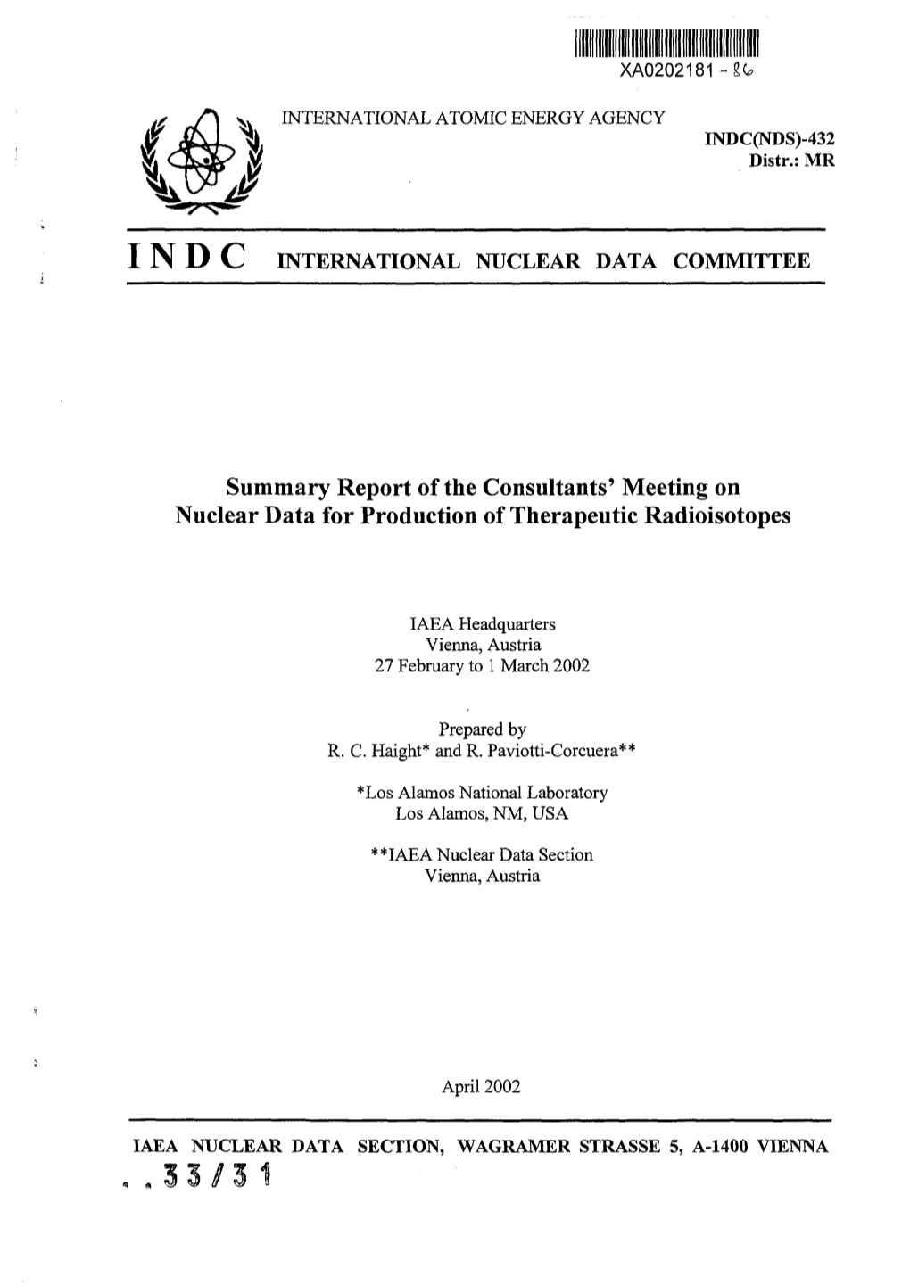 Summary Report of the Consultants' Meeting on Nuclear Data for Production of Therapeutic Radioisotopes