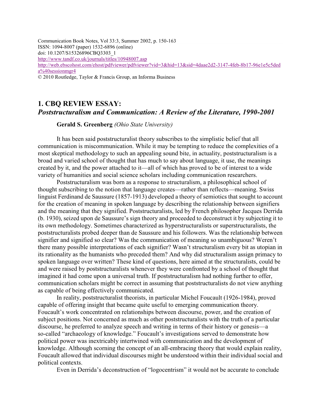 1. CBQ REVIEW ESSAY: Poststructuralism and Communication: a Review of the Literature, 1990-2001