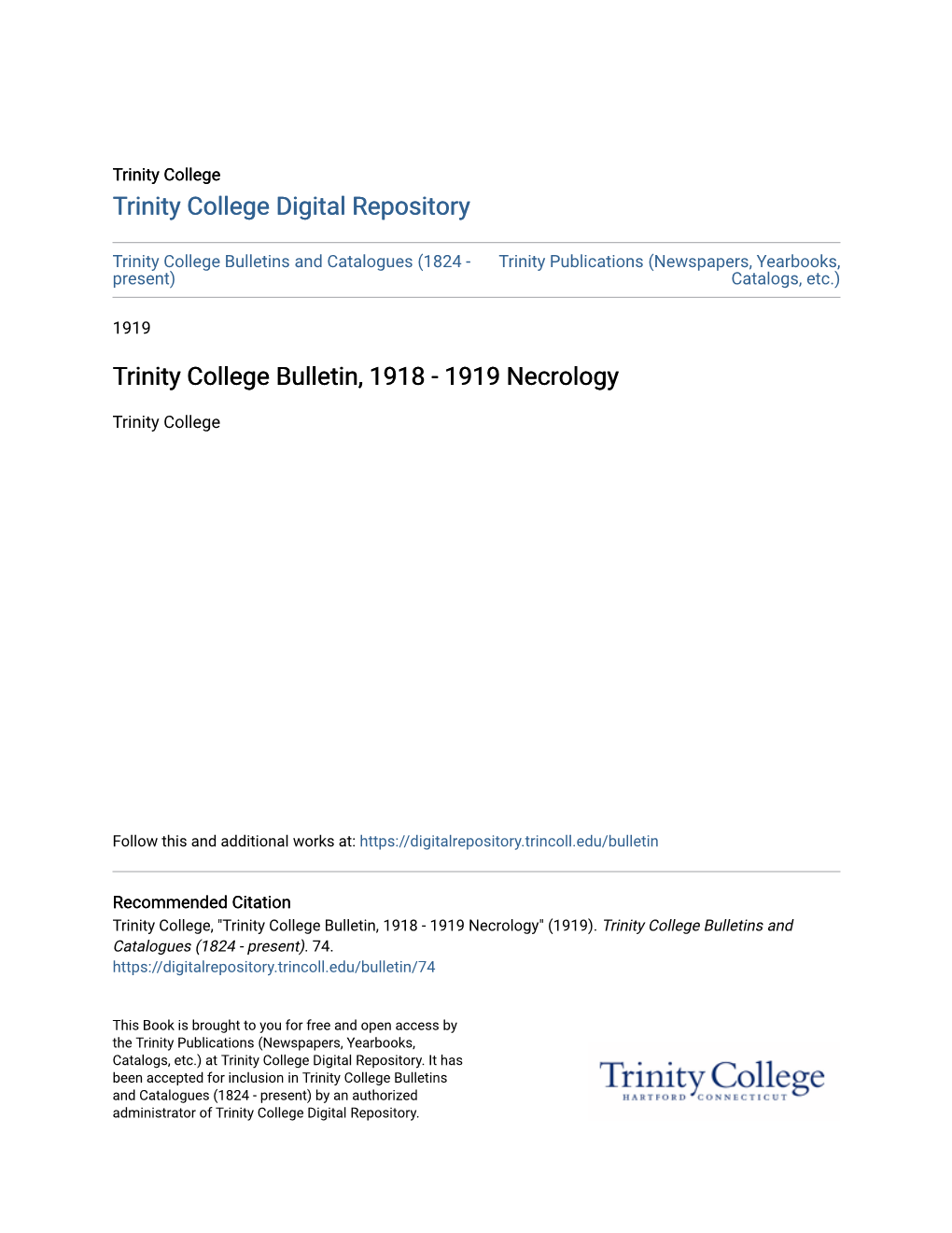 Trinity College Bulletin, 1918 - 1919 Necrology