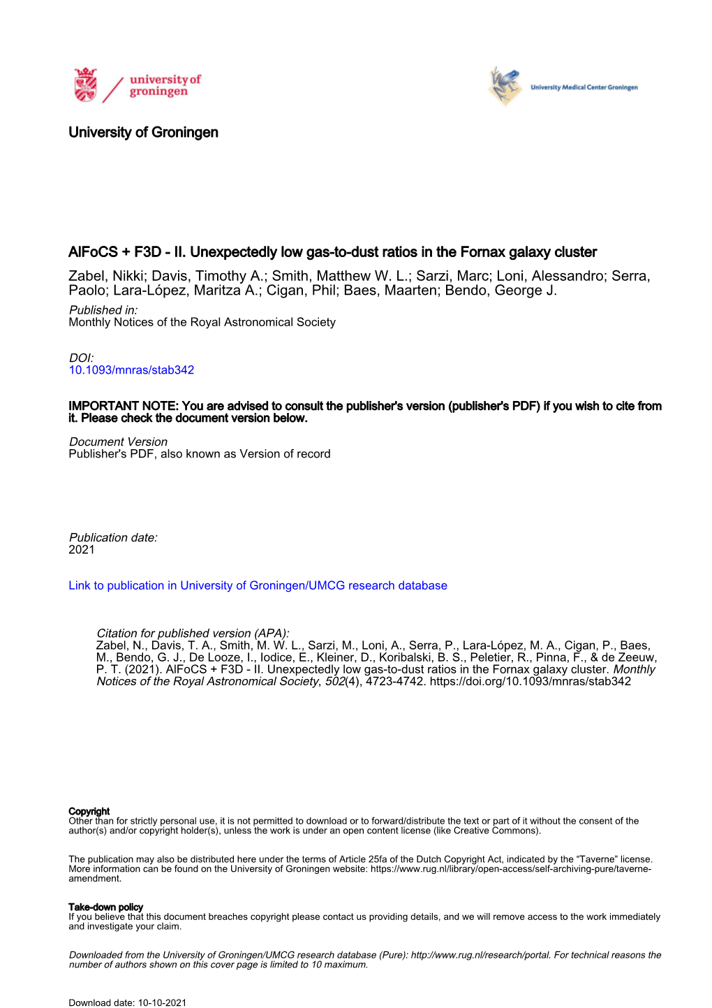 II. Unexpectedly Low Gas-To-Dust Ratios in the Fornax Galaxy Cluster Zabel, Nikki; Davis, Timothy A.; Smith, Matthew W