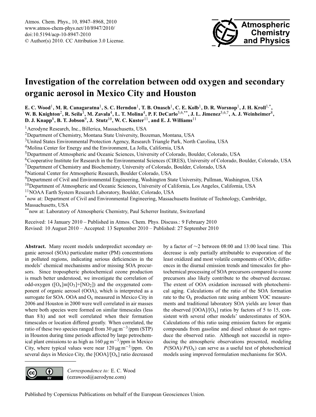 Investigation of the Correlation Between Odd Oxygen and Secondary Organic Aerosol in Mexico City and Houston