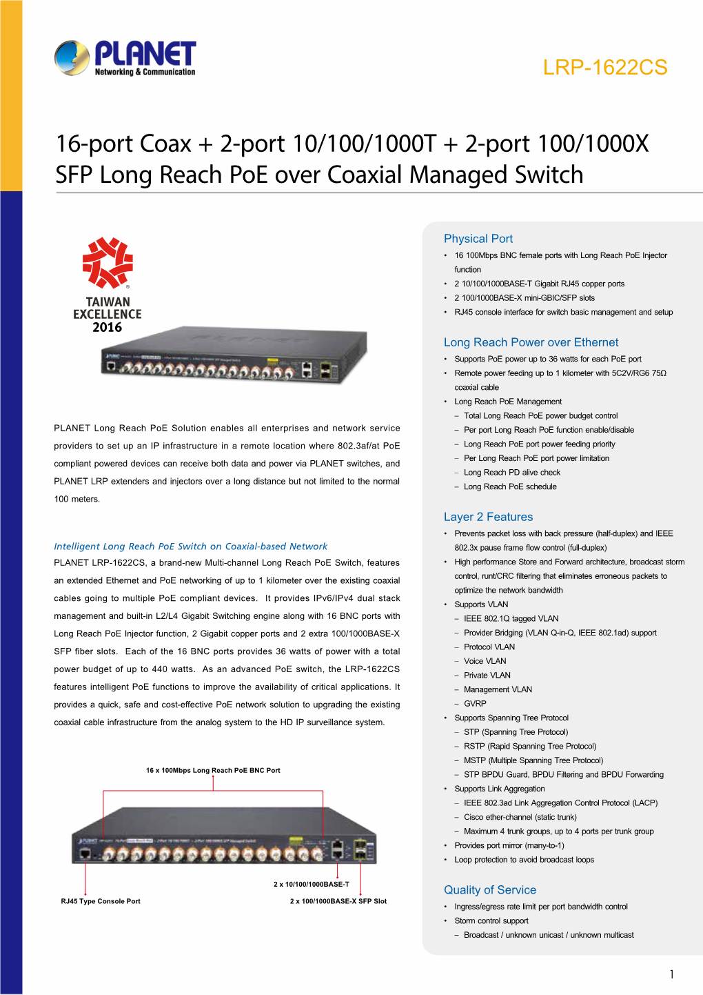 16-Port Coax + 2-Port 10/100/1000T + 2-Port 100/1000X SFP Long Reach Poe Over Coaxial Managed Switch