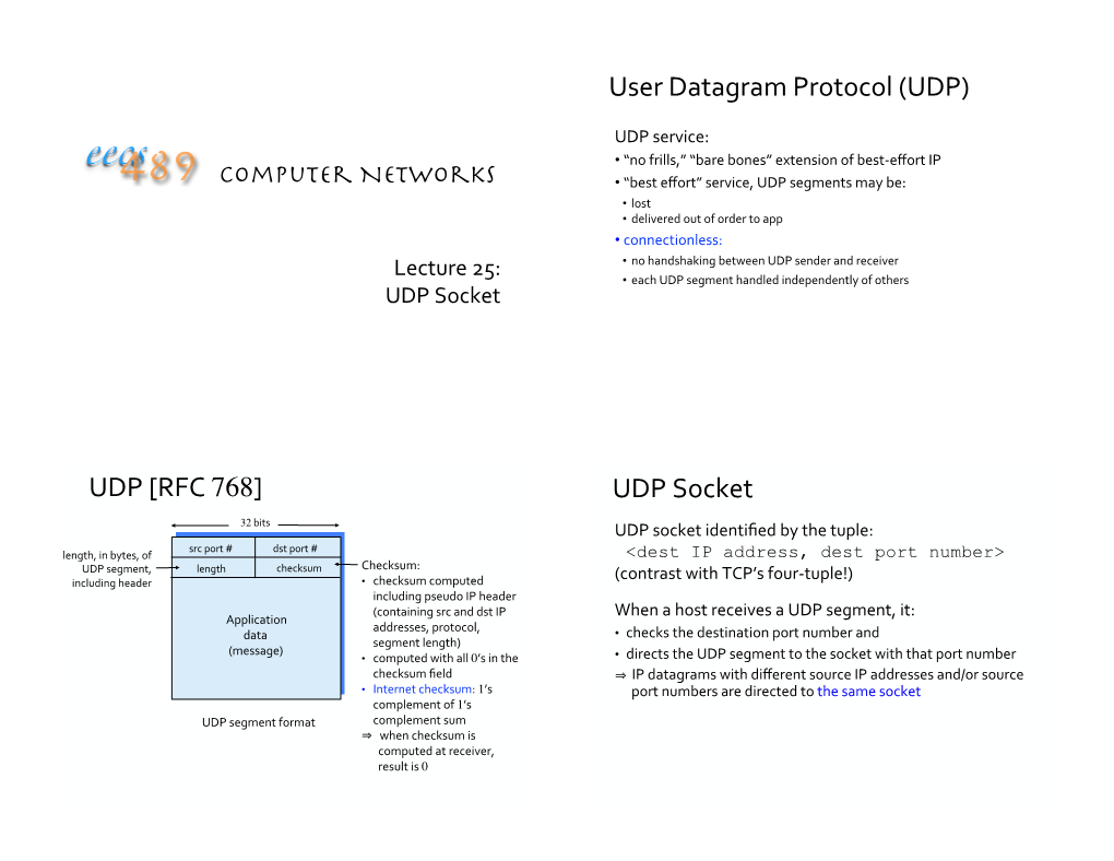 User Datagram Protocol (UDP) UDP [RFC 768] UDP Socket
