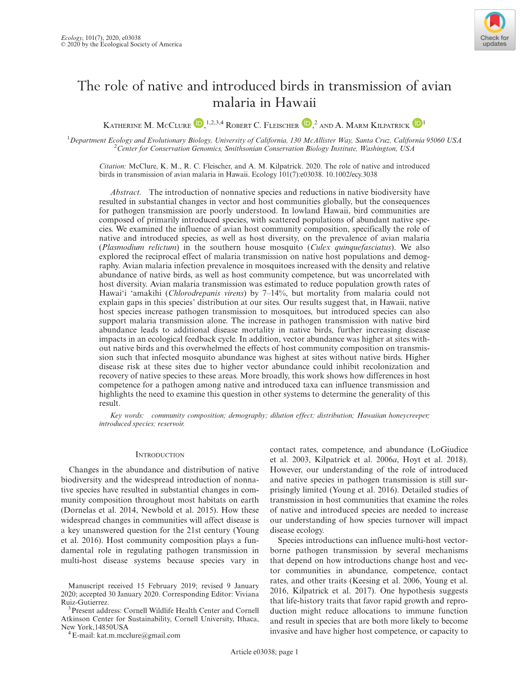 The Role of Native and Introduced Birds in Transmission of Avian Malaria in Hawaii