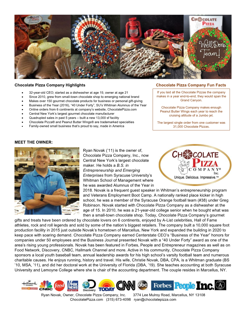 Ryan Novak (’11) Is the Owner Of, Chocolate Pizza Company, Inc., Now Central New York’S Largest Chocolate Maker