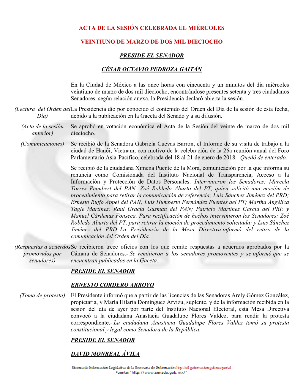 Acta De La Sesión Celebrada El Miércoles Veintiuno De