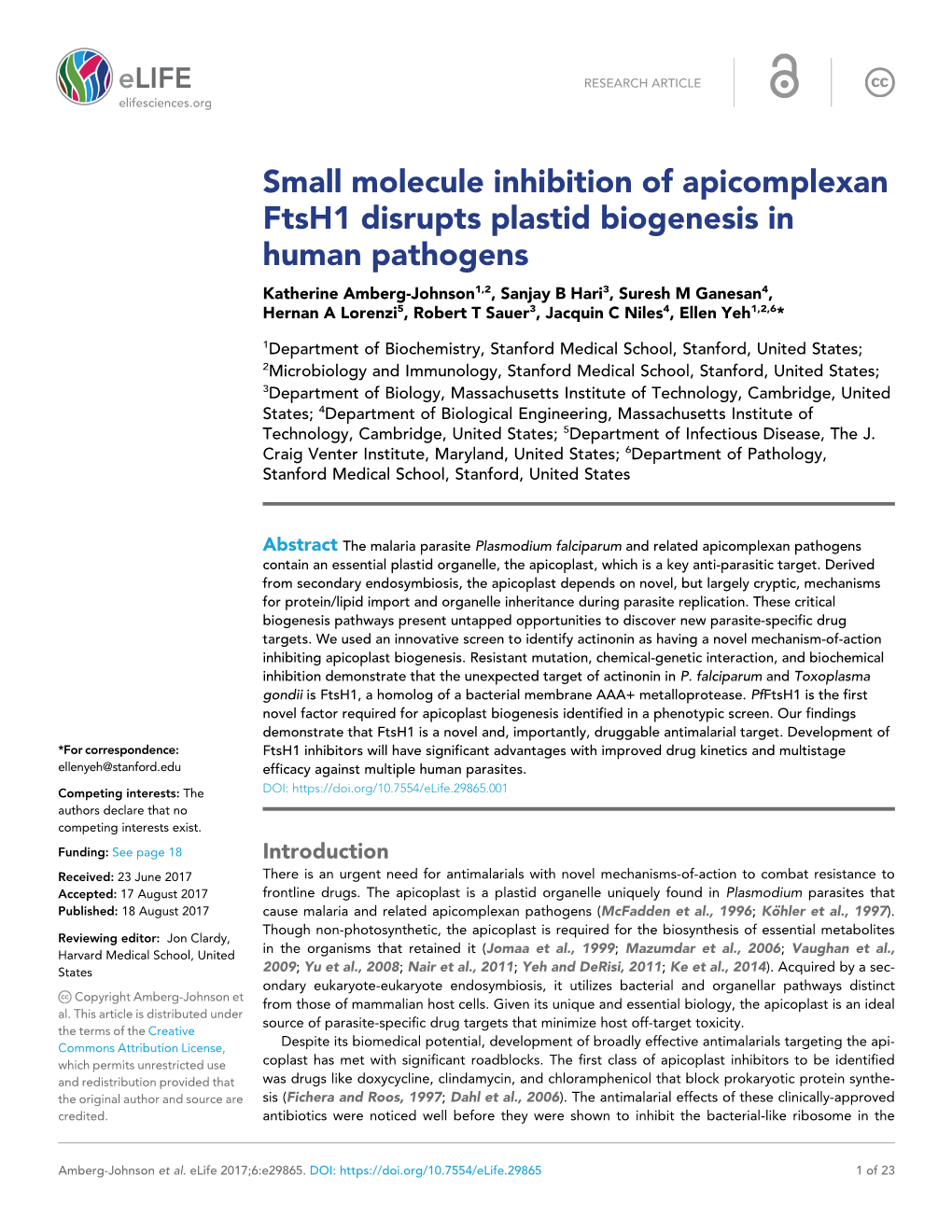 Small Molecule Inhibition of Apicomplexan Ftsh1 Disrupts