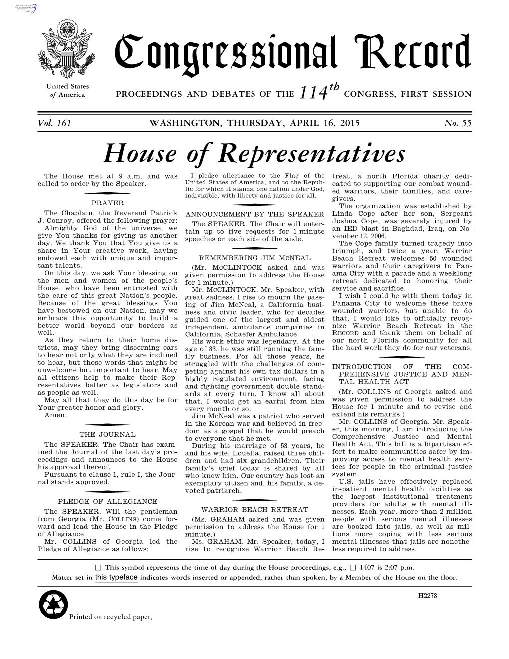 Congressional Record United States Th of America PROCEEDINGS and DEBATES of the 114 CONGRESS, FIRST SESSION