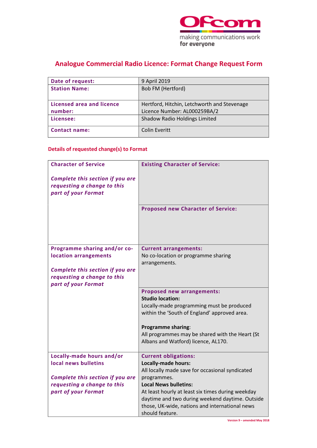 Analogue Commercial Radio Licence: Format Change Request Form