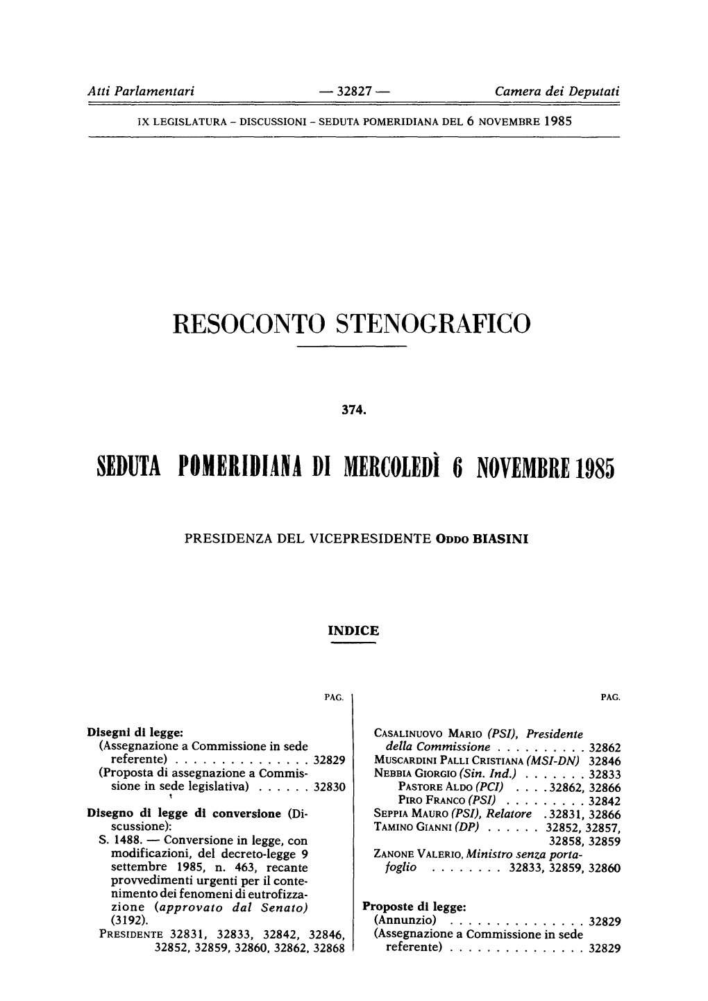 Seduta Pomeridiana Di Mercoledì 6 Novembre 198 5