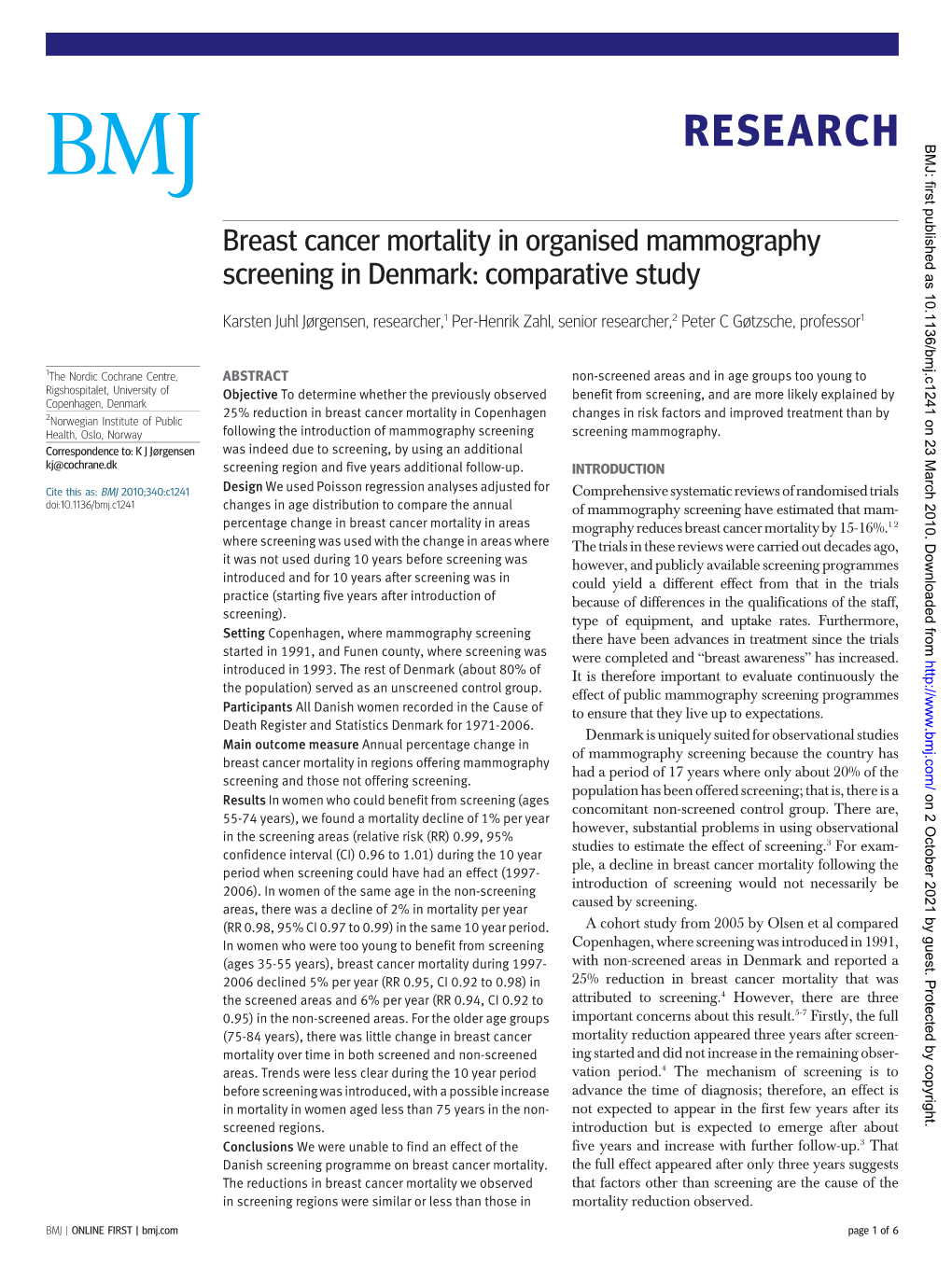 RESEARCH BMJ: First Published As 10.1136/Bmj.C1241 on 23 March 2010