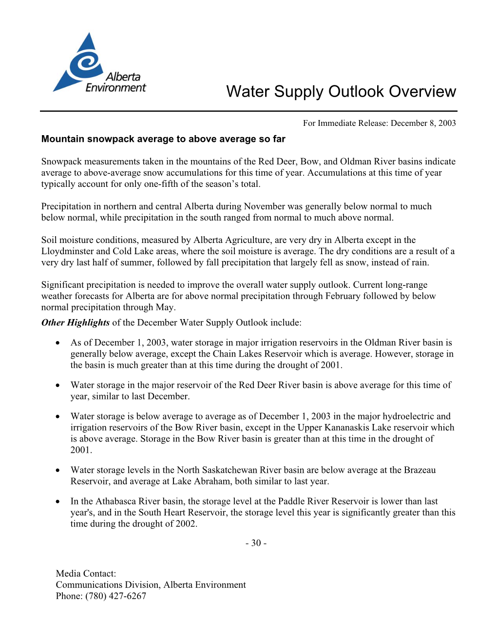Water Supply Outlook Overview