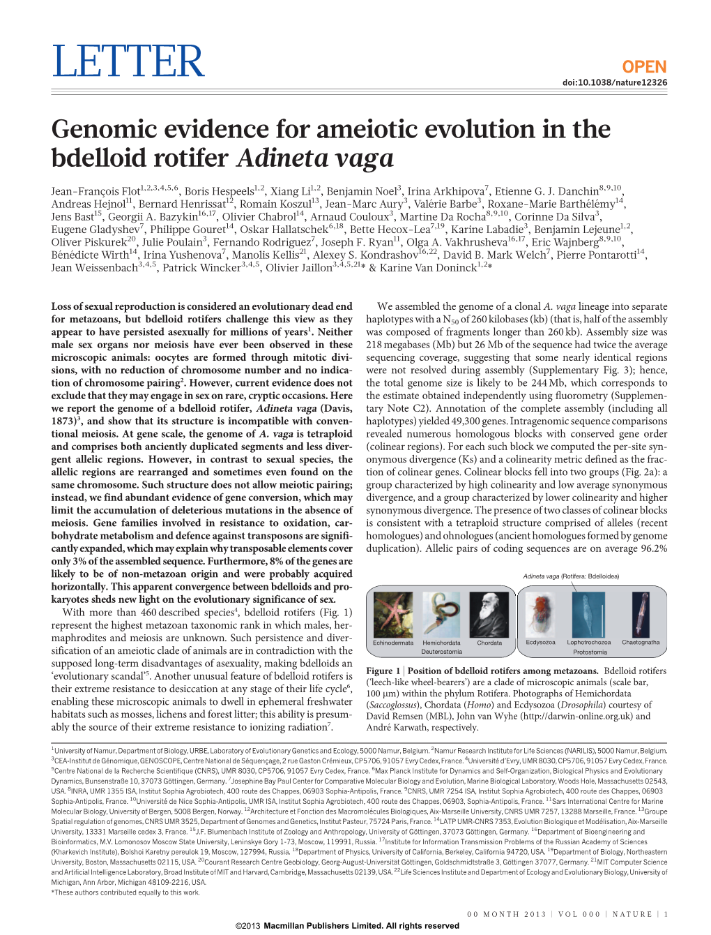 Genomic Evidence for Ameiotic Evolution in the Bdelloid Rotifer Adineta Vaga