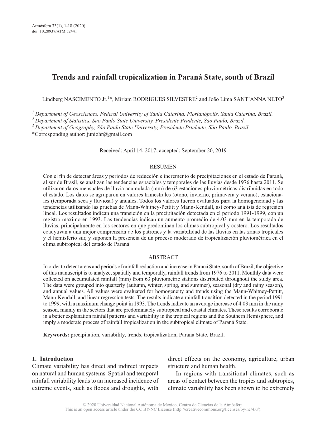 Trends and Rainfall Tropicalization in Paraná State, South of Brazil