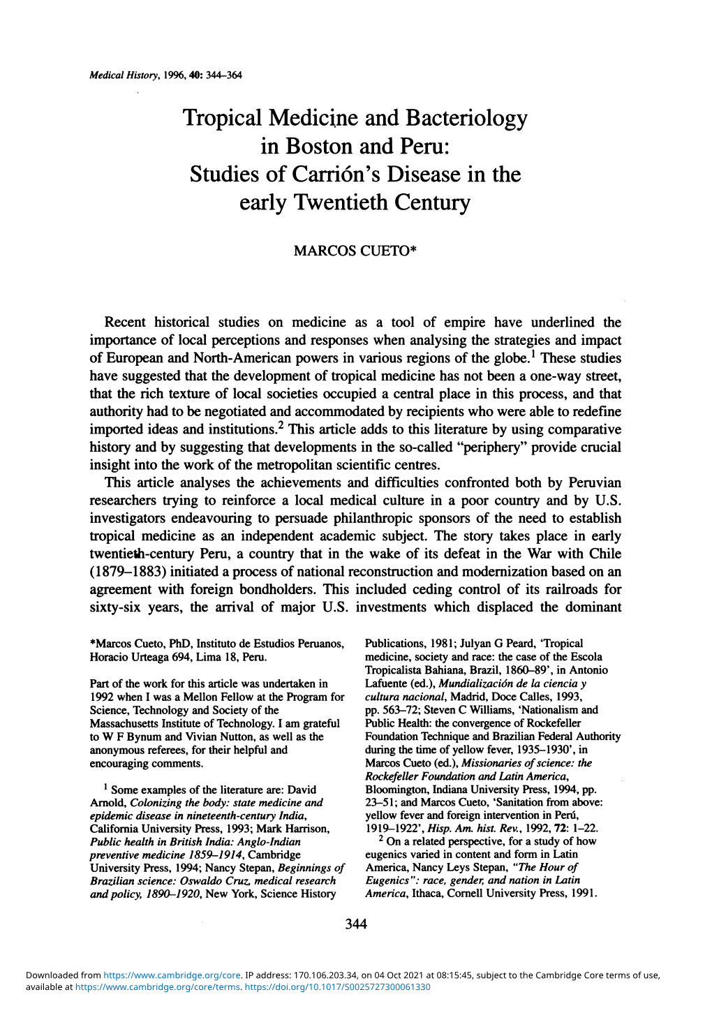 Tropical Medicine and Bacteriology in Boston and Peru: Studies of Carrion's Disease in the Early Twentieth Century