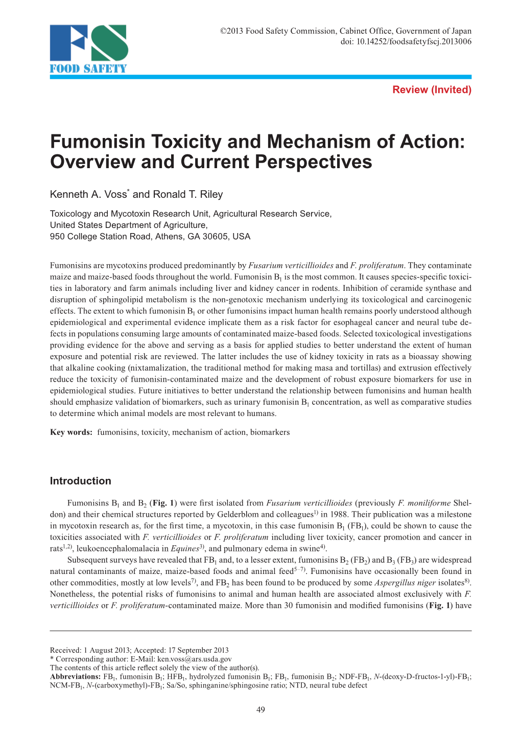 Fumonisin Toxicity and Mechanism of Action: Overview and Current Perspectives