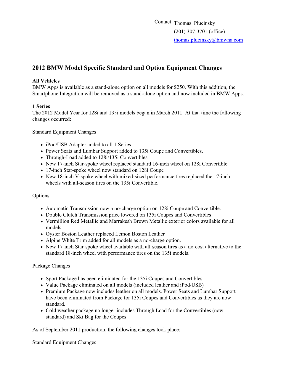 2012 BMW Model Specific Standard and Option Equipment Changes