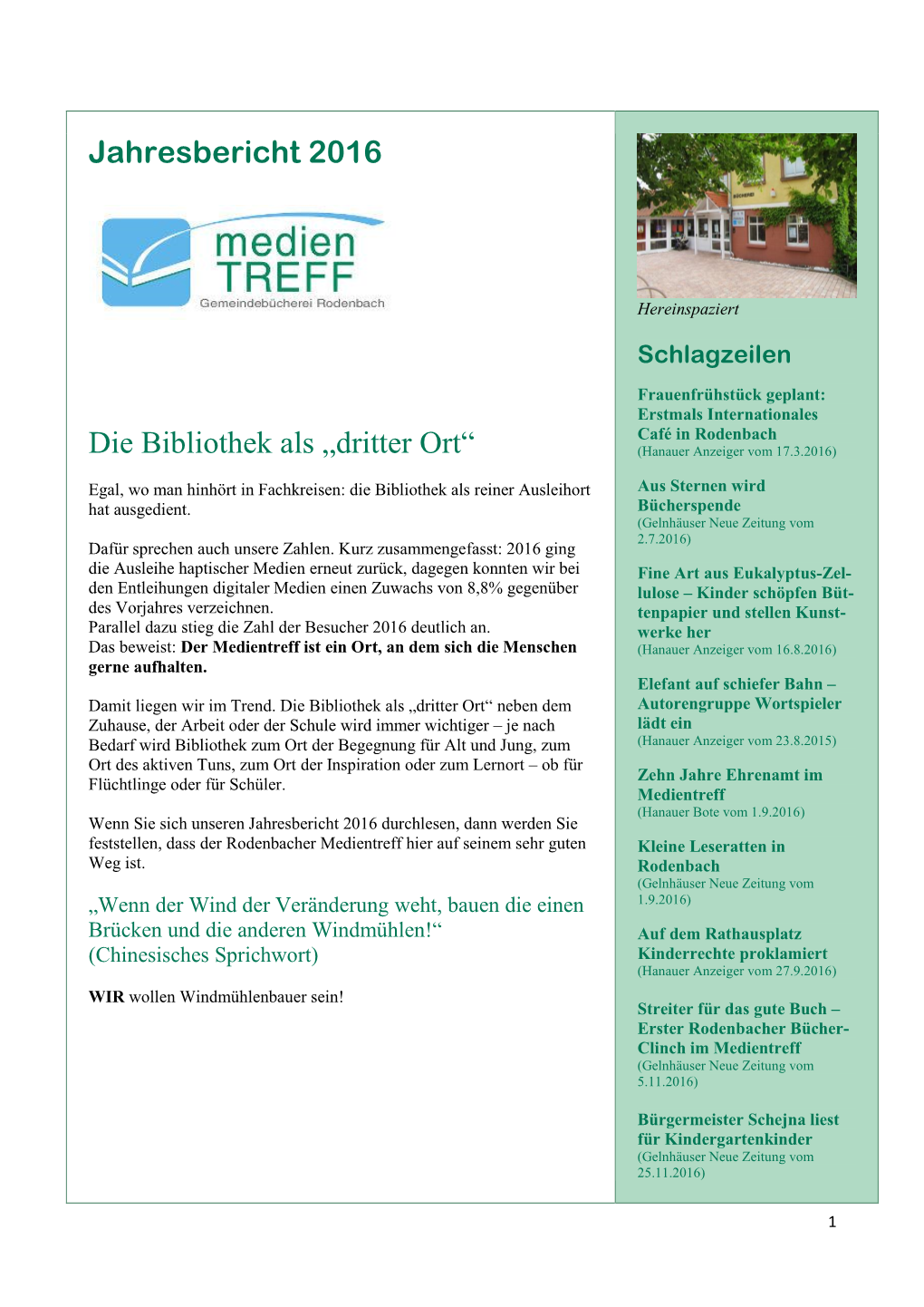 Jahresbericht 2016 Die Bibliothek Als „Dritter Ort“