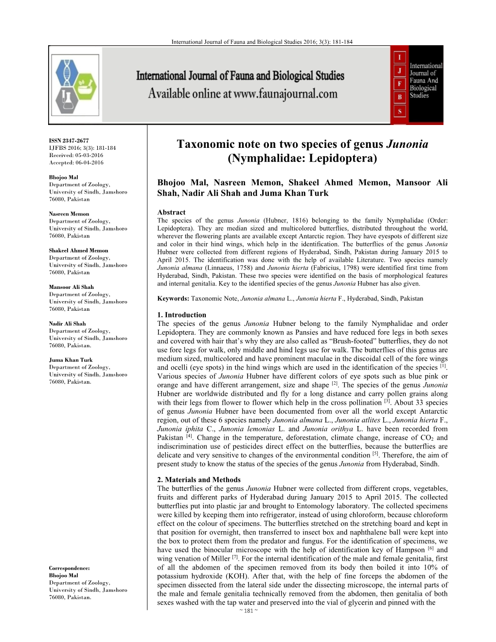 Taxonomic Note on Two Species of Genus Junonia (Nymphalidae