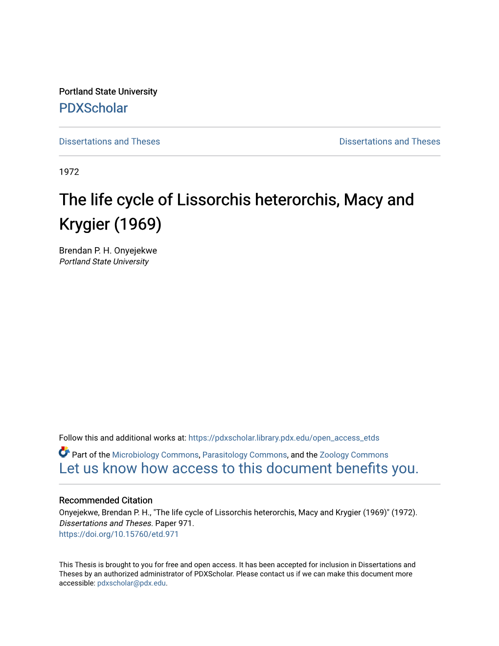 The Life Cycle of Lissorchis Heterorchis, Macy and Krygier (1969)