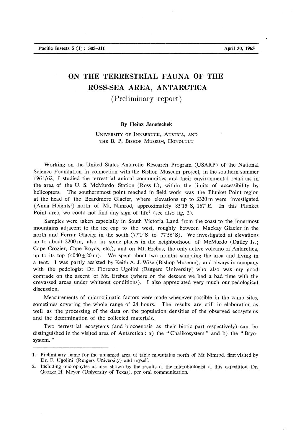 ON the TERRESTRIAL FAUNA of the ROSS-SEA AREA, ANTARCTICA (Preliminary Report)