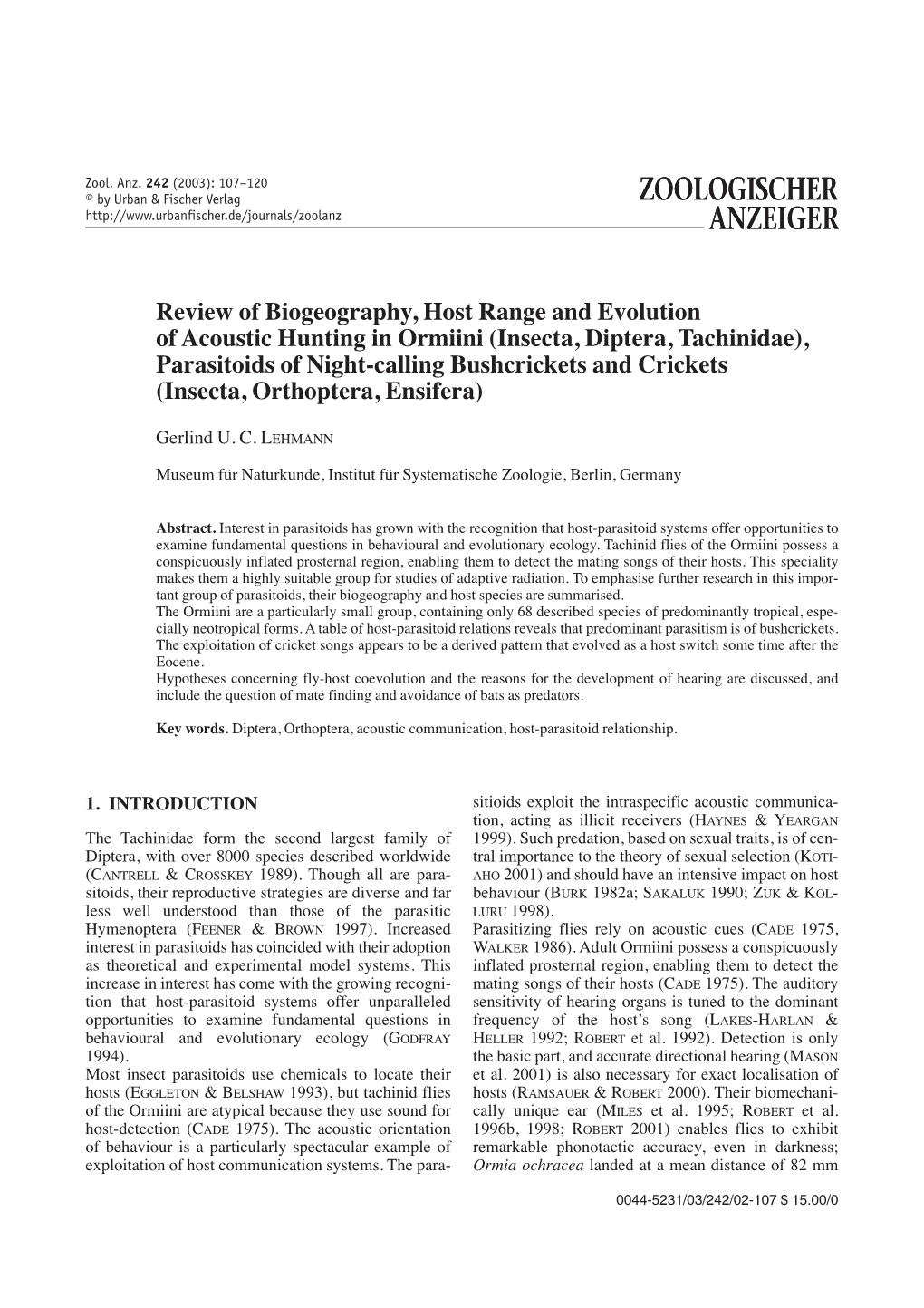 Insecta, Diptera, Tachinidae), Parasitoids of Night-Calling Bushcrickets and Crickets (Insecta, Orthoptera, Ensifera