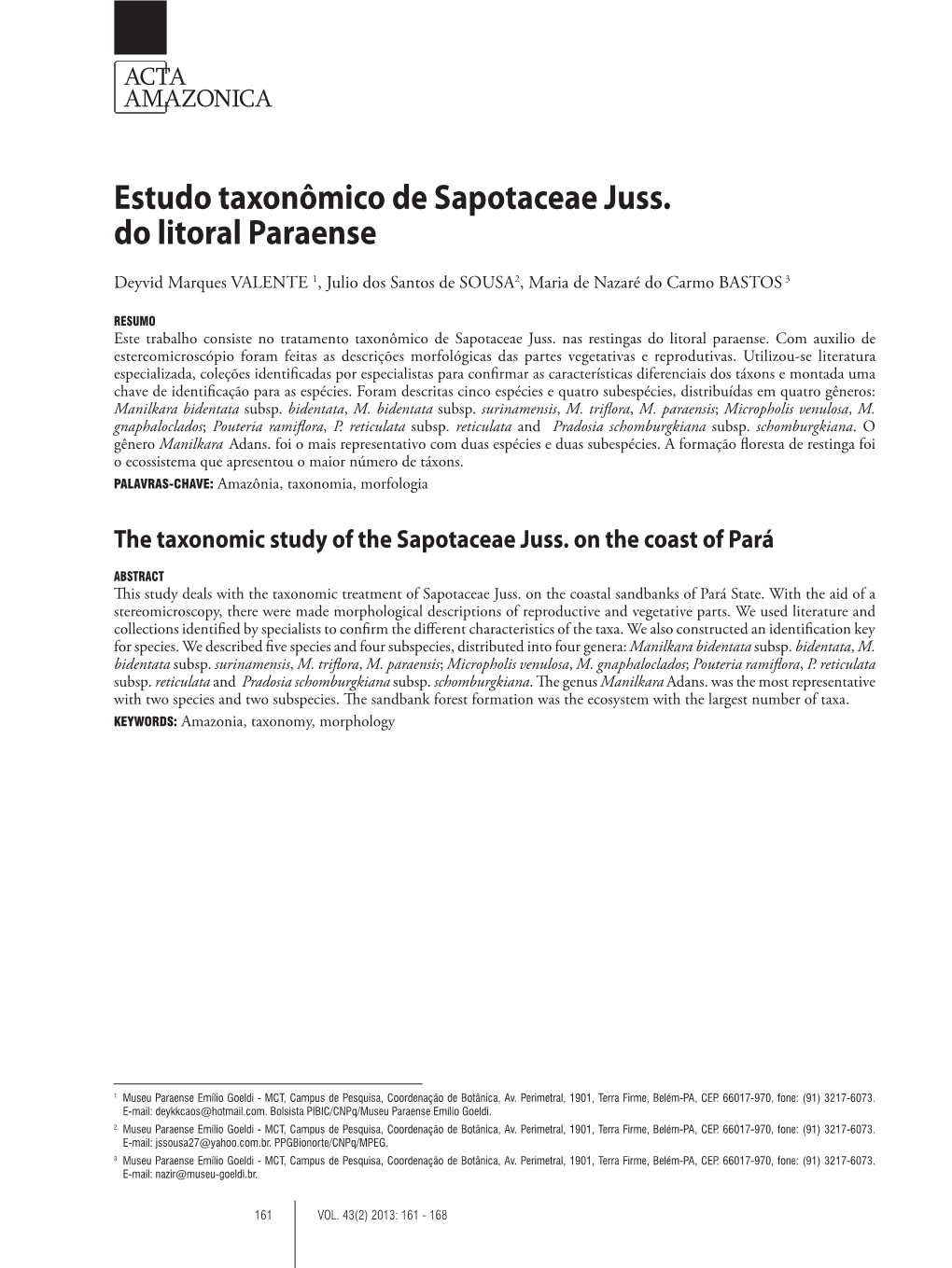 Estudo Taxonômico De Sapotaceae Juss. Do Litoral Paraense