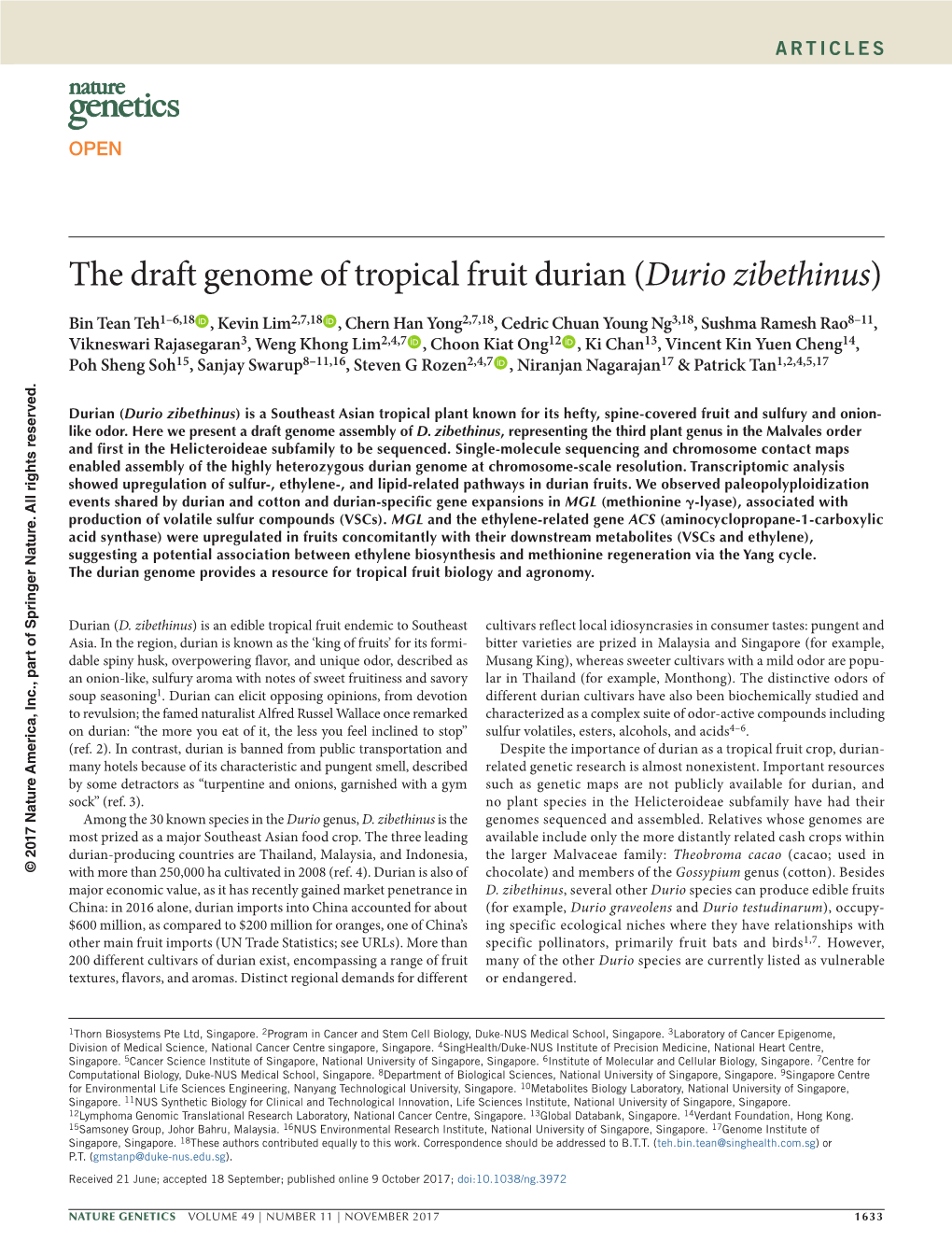 The Draft Genome of Tropical Fruit Durian (Durio Zibethinus)