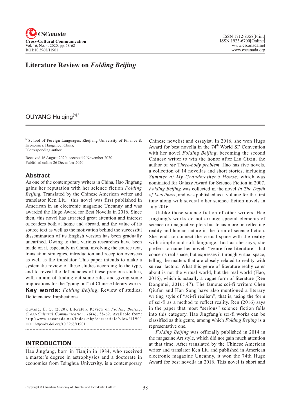 Literature Review on Folding Beijing