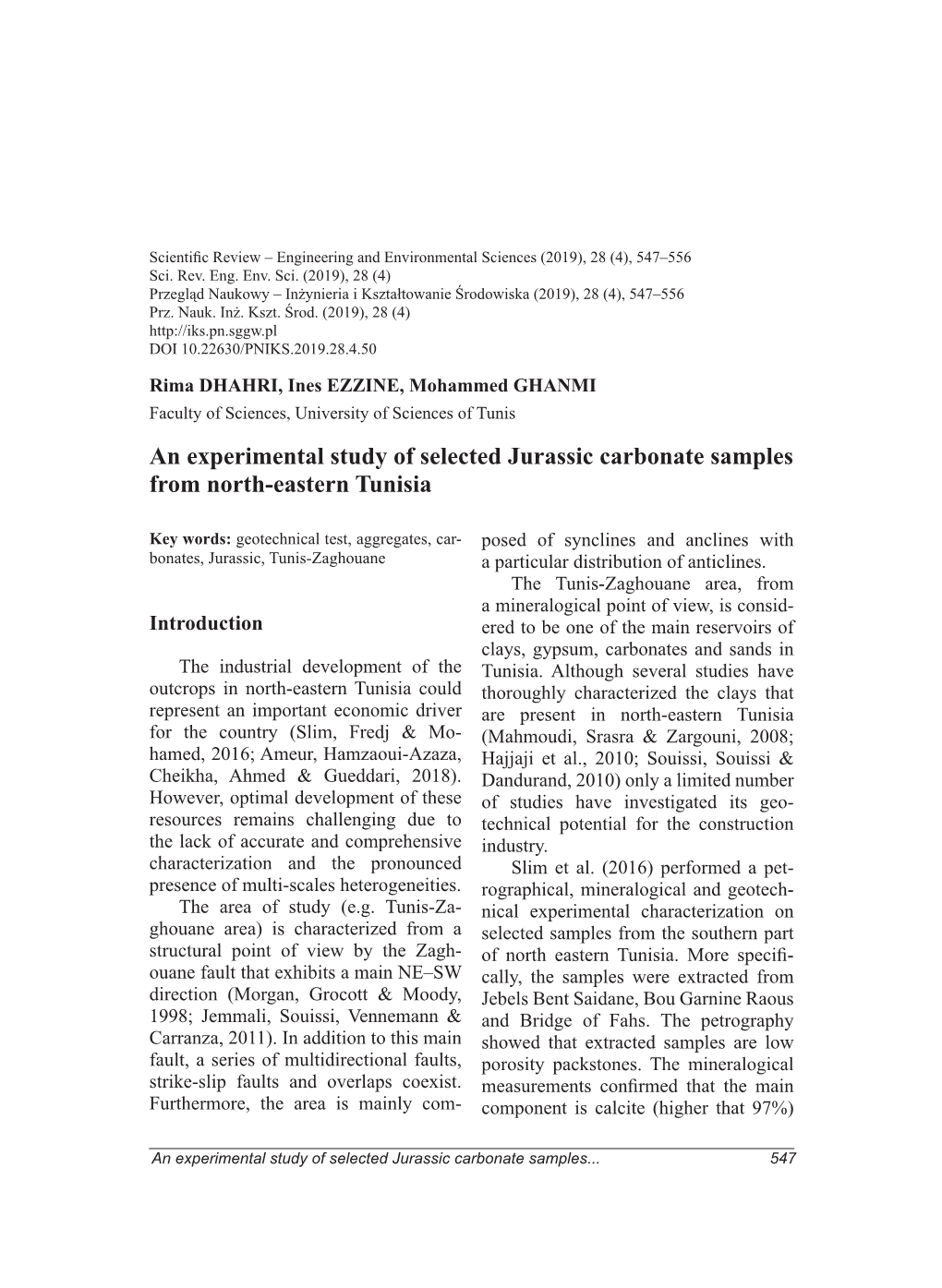 An Experimental Study of Selected Jurassic Carbonate Samples from North-Eastern Tunisia