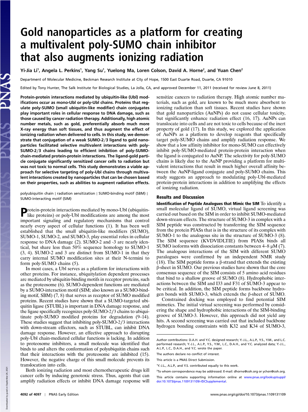 Gold Nanoparticles As a Platform for Creating a Multivalent Poly-SUMO Chain Inhibitor That Also Augments Ionizing Radiation