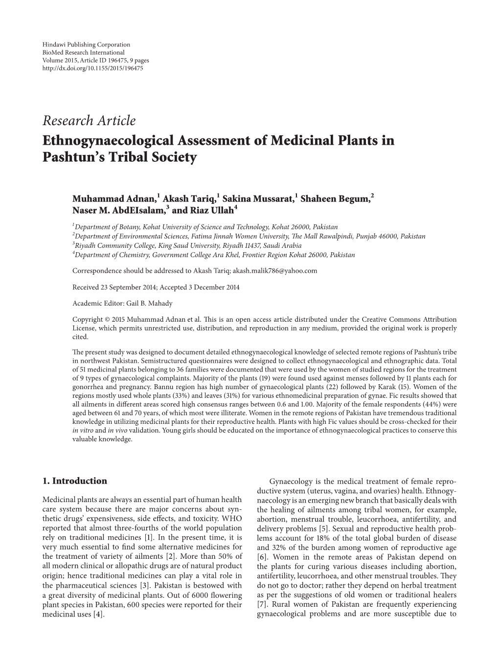 Ethnogynaecological Assessment of Medicinal Plants in Pashtun's Tribal