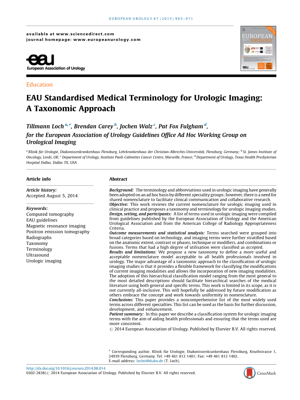 EAU Standardised Medical Terminology for Urologic Imaging: a Taxonomic Approach