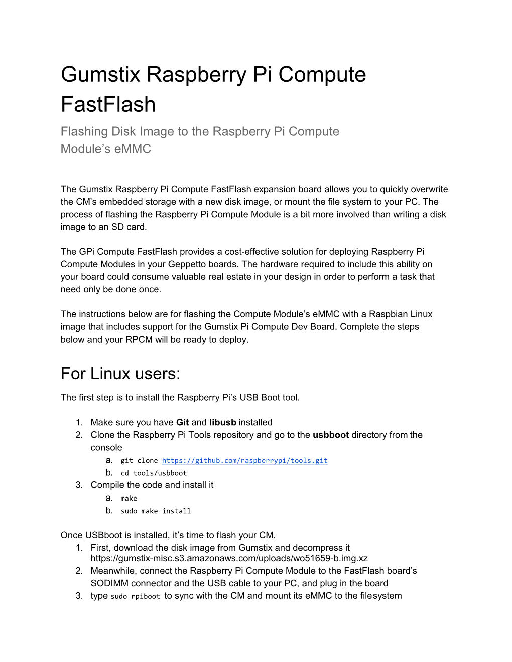 Gumstix Raspberry Pi Compute Fastflash Flashing Disk Image to the Raspberry Pi Compute Module’S Emmc