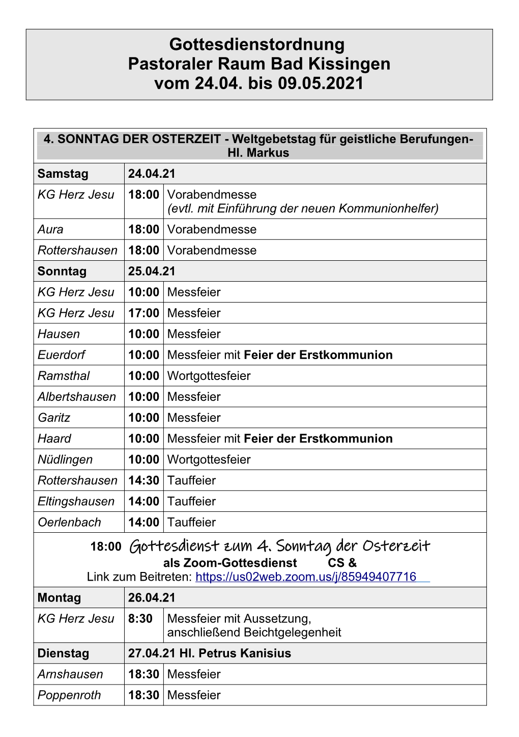 Gottesdienstordnung Pastoraler Raum Bad Kissingen Vom 24.04