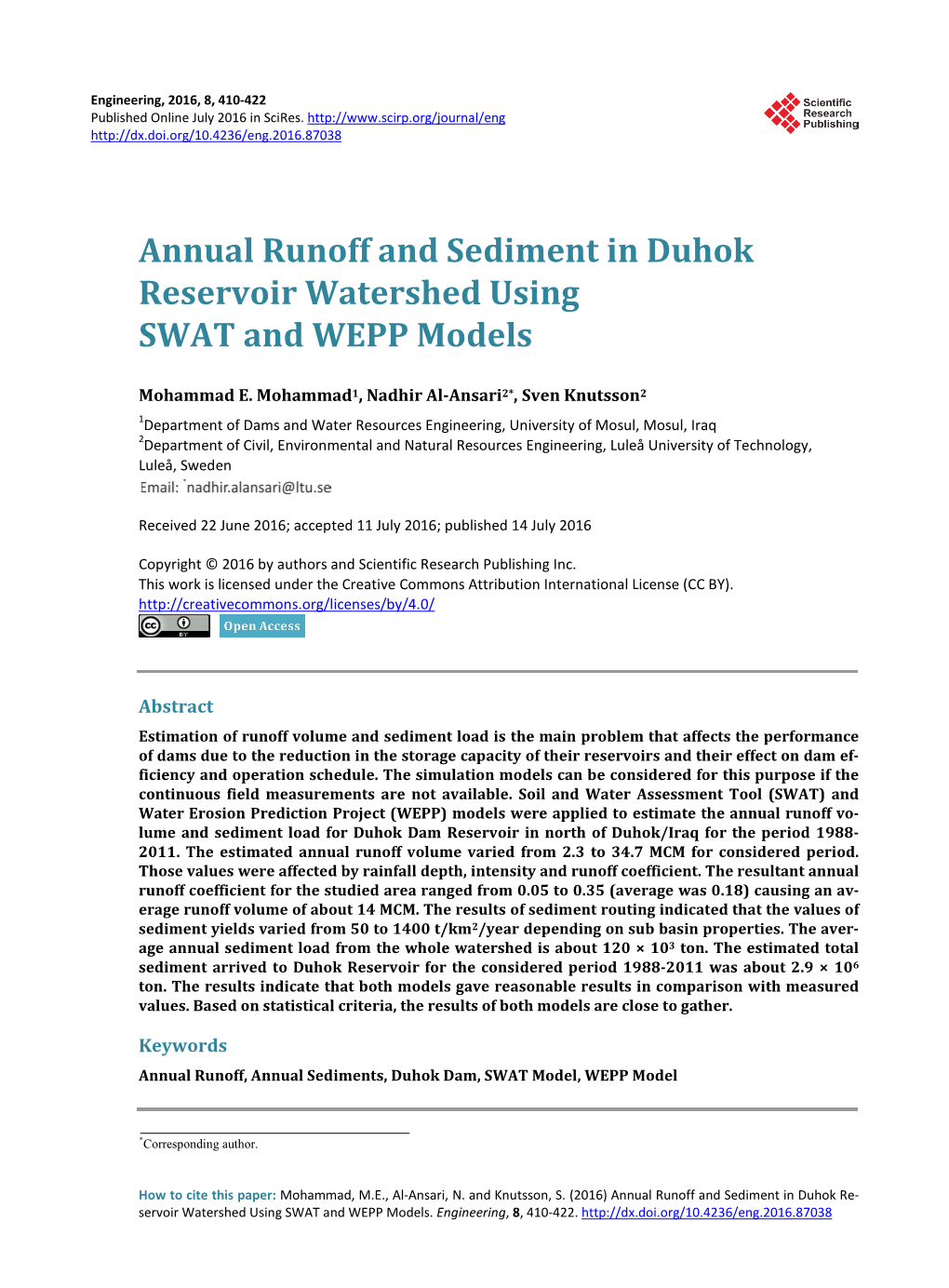 Annual Runoff and Sediment in Duhok Reservoir Watershed Using SWAT and WEPP Models