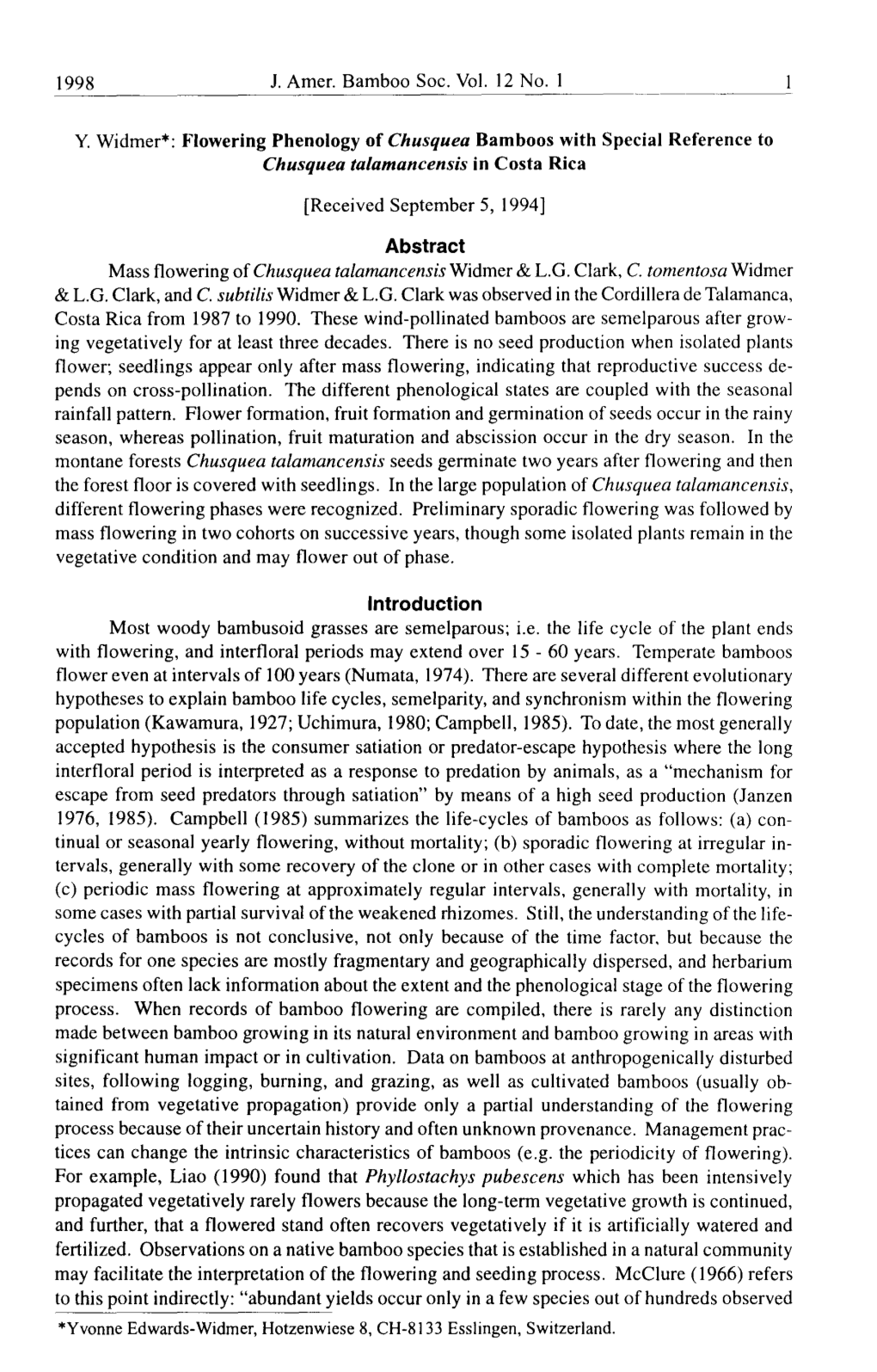 Flowering Phenology of Chusquea Bamboos with Special Reference to Chusquea Talamancensis in Costa Rica