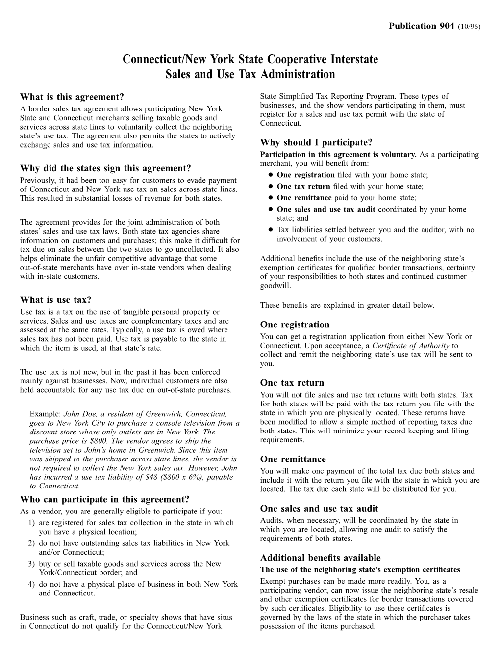 Connecticut/New York State Cooperative Interstate Sales and Use Tax Administration