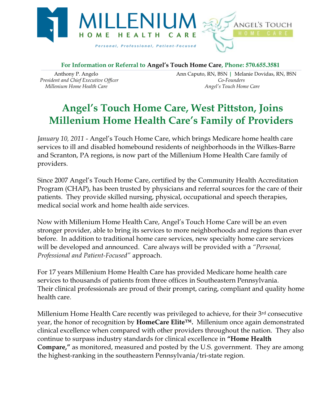 Angel's Touch Home Care, West Pittston, Joins Millenium Home