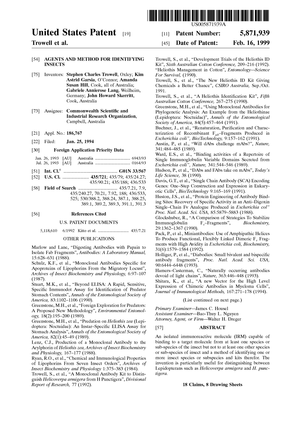 United States Patent (19) 11 Patent Number: 5,871,939 Trowell Et Al