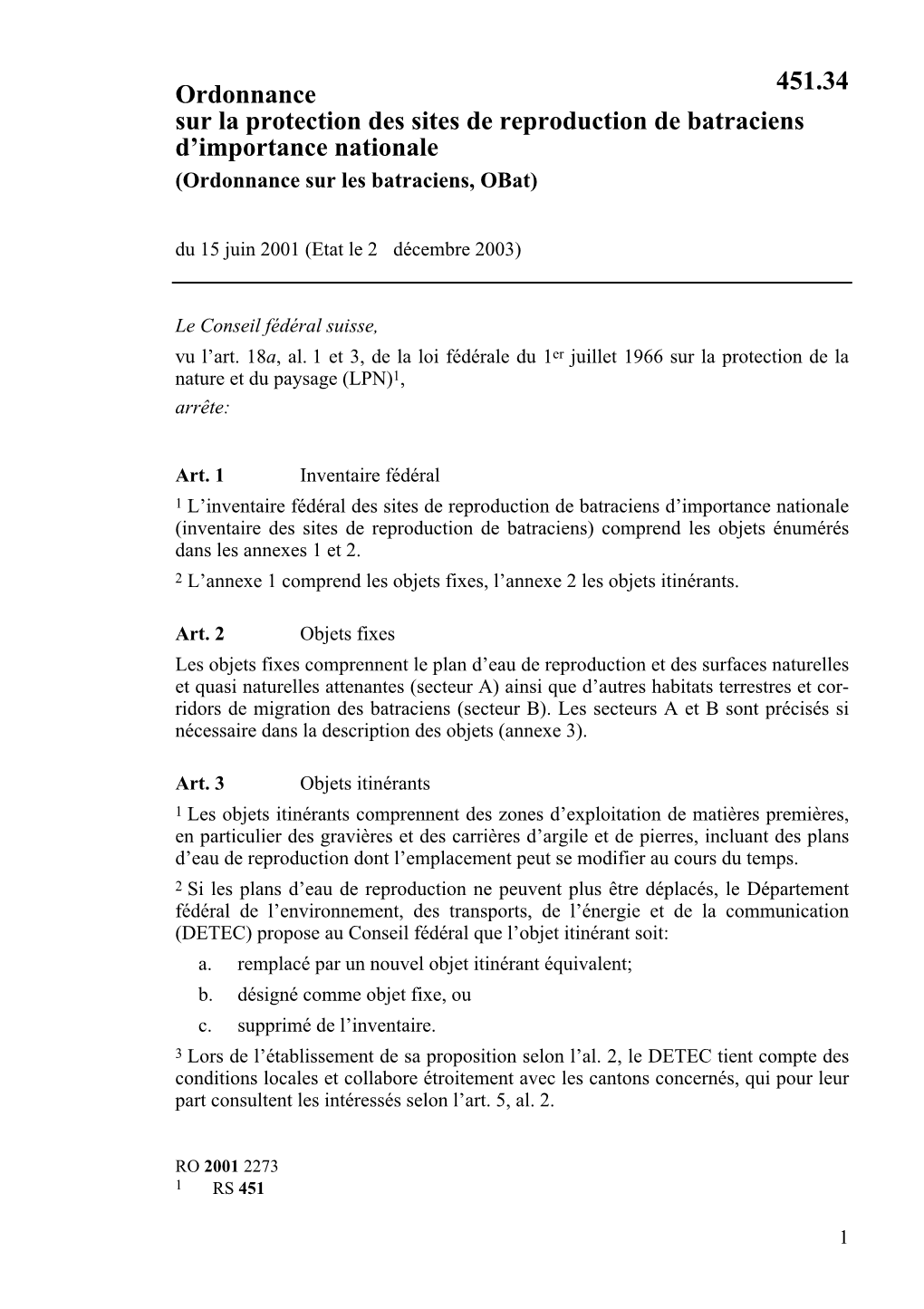 Ordonnance Du 15 Juin 2001 Sur La Protection Des Sites De Reproduction