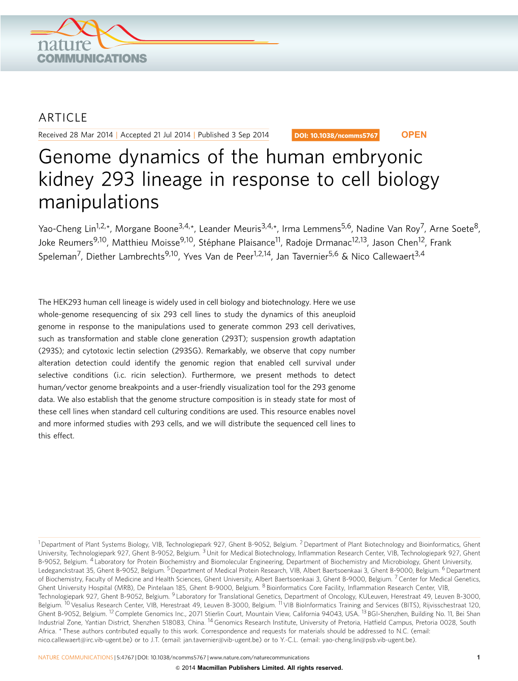 Genome Dynamics of the Human Embryonic Kidney 293 Lineage in Response to Cell Biology Manipulations