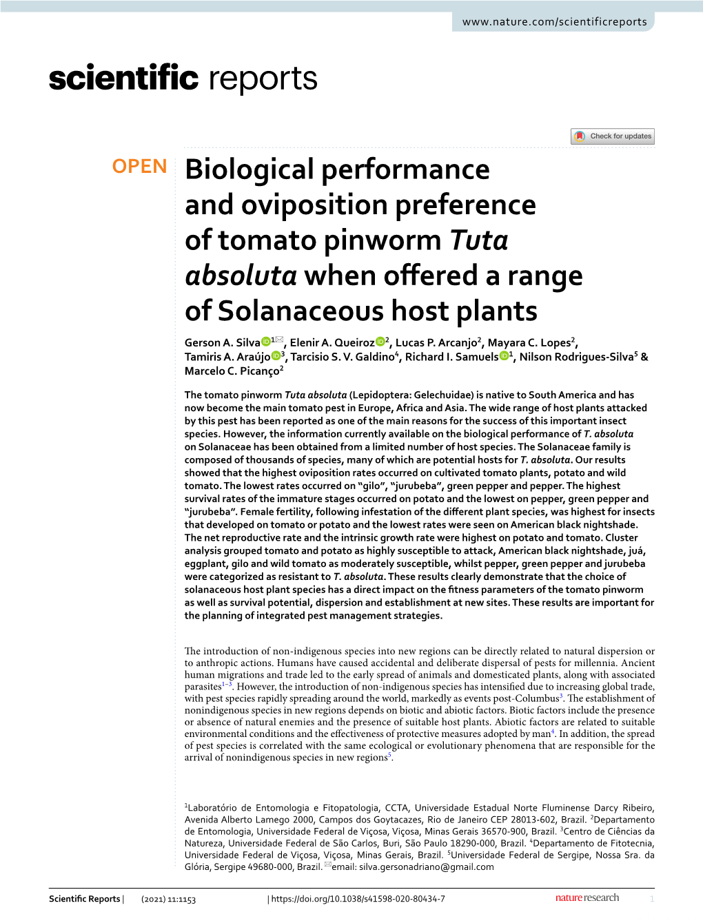 Biological Performance and Oviposition Preference of Tomato Pinworm Tuta Absoluta When Ofered a Range of Solanaceous Host Plants Gerson A