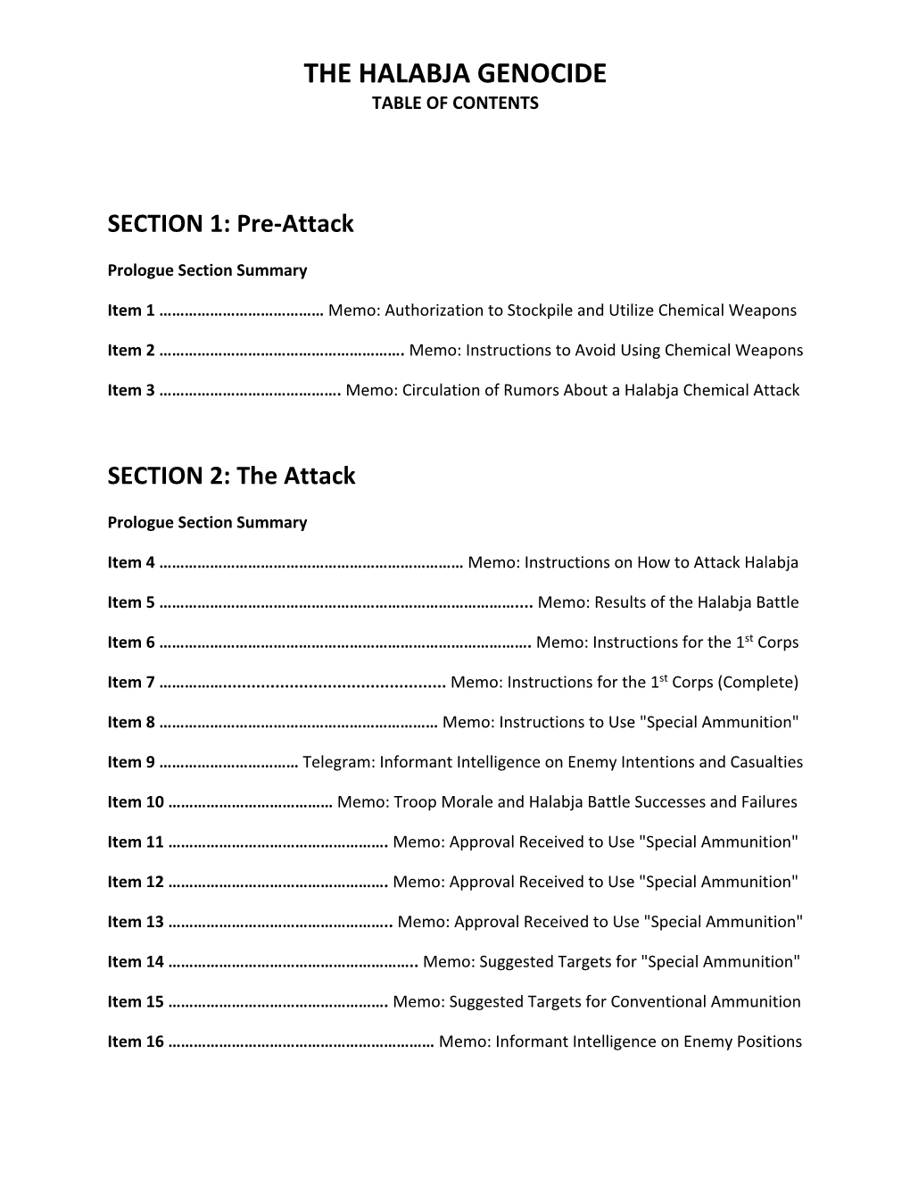 The Halabja Genocide Table of Contents